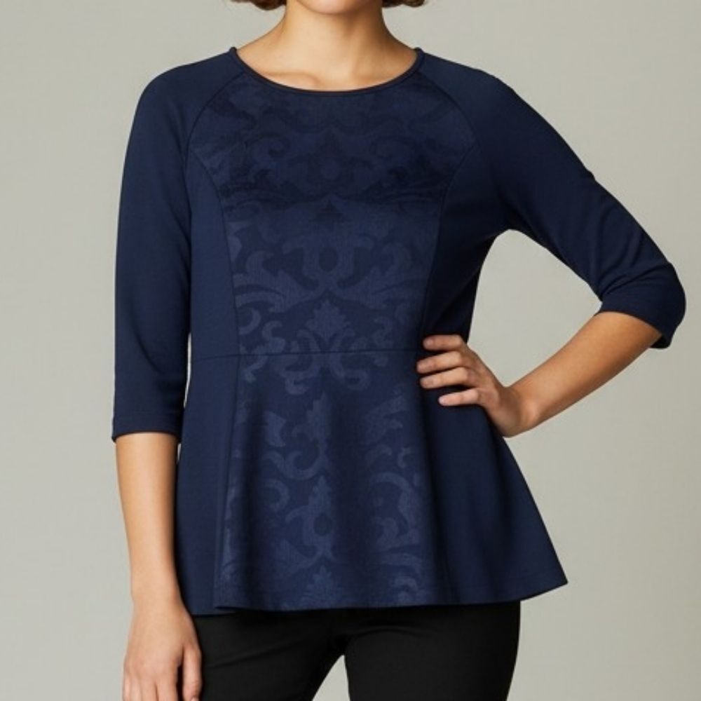 Luisa Serano Navy Fit and Flare 3/4 Sleeve Top - Picture 1 of 14